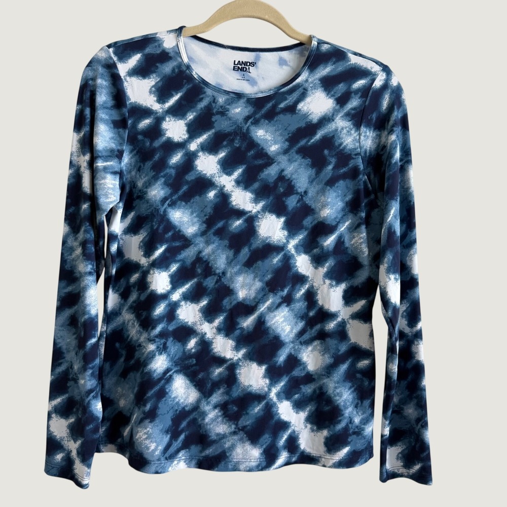 Land's End Women's Blue & White Patterned Rash Guard Swim Sun Shirt UPF 50 Sz S